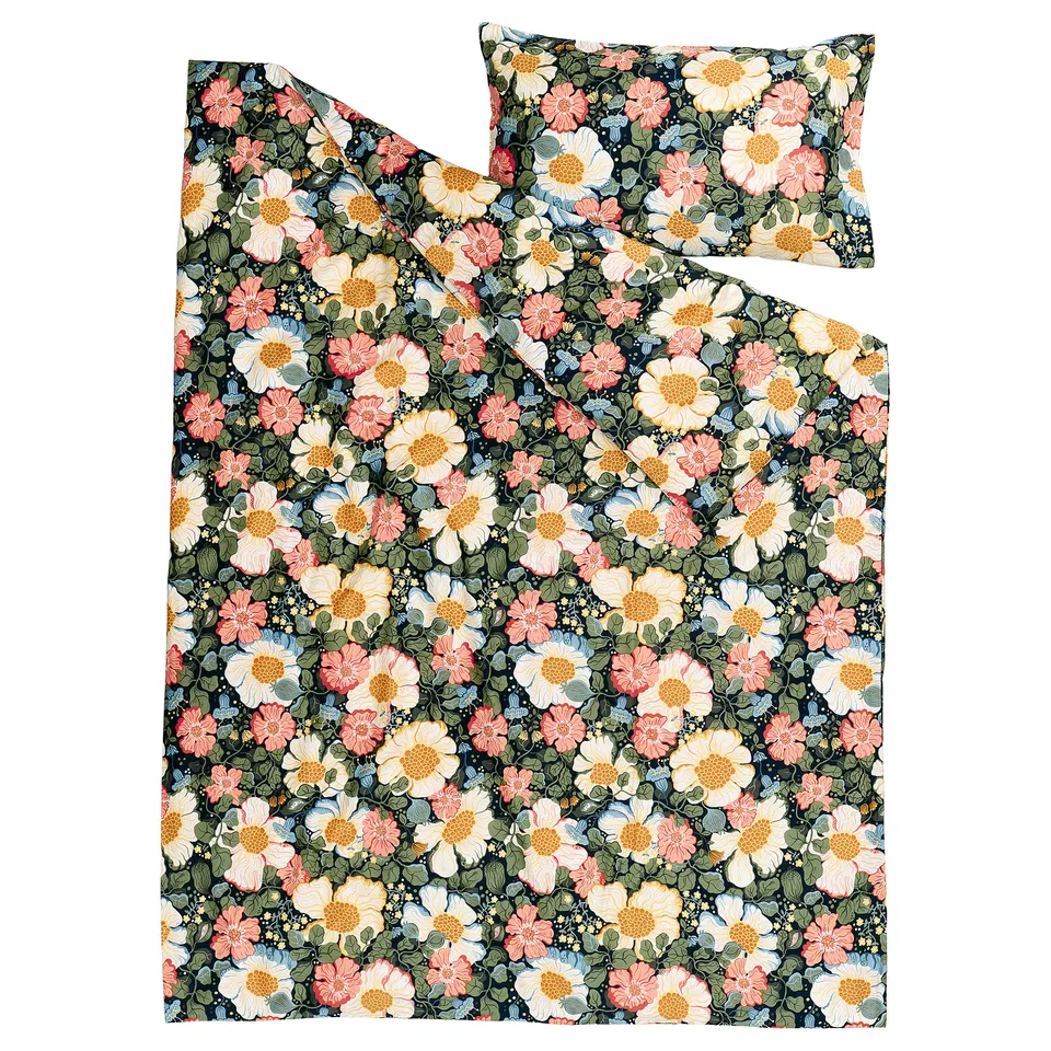 Floral bedding set, dark background with pink, yellow & white flowers, recycled cotton & lyocell.