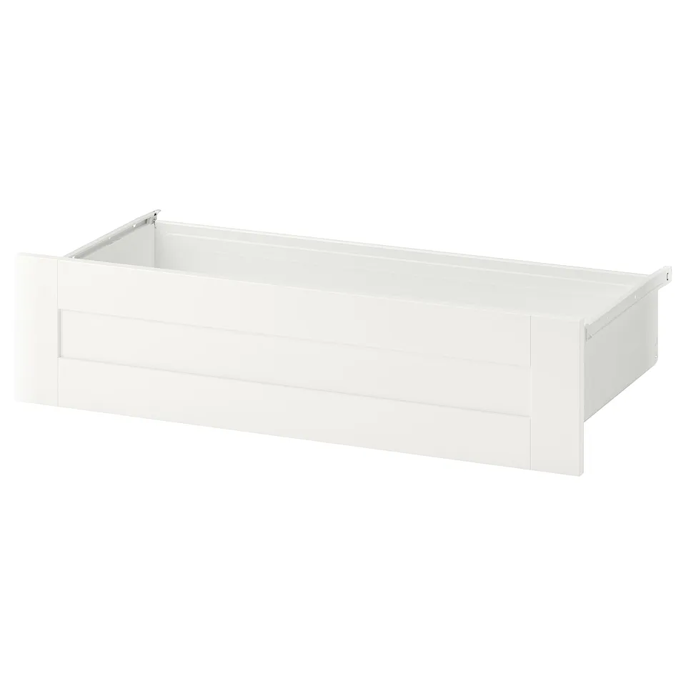 A white SANNIDAL drawer front, featuring a sleek, rectangular design with clean lines, suitable for traditional yet stylish storage solutions.