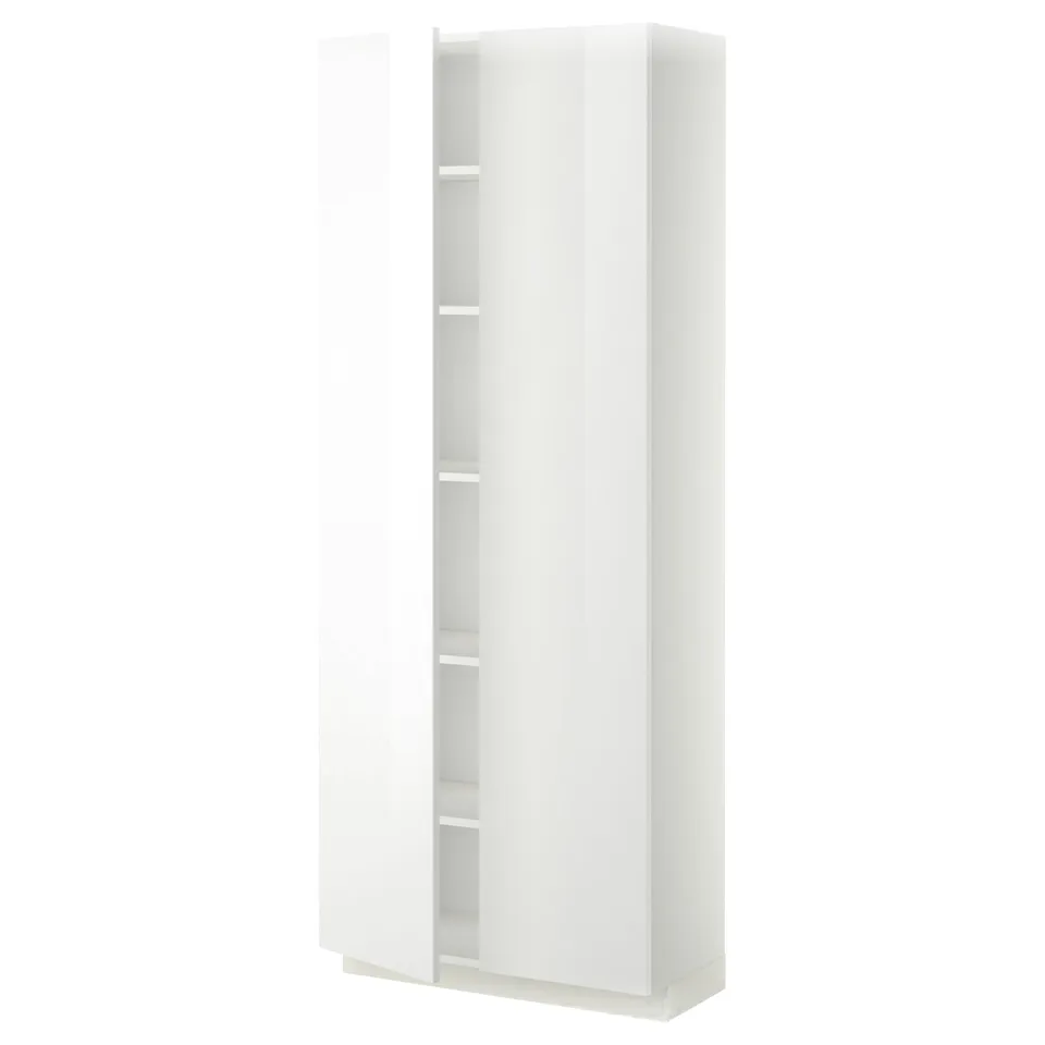 A tall, white METOD kitchen cabinet with a sleek, modern design. It has multiple shelves and is suitable for storing kitchen essentials.