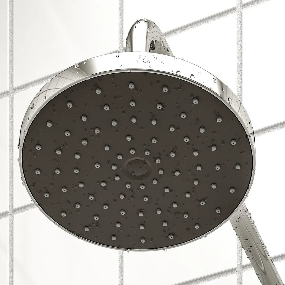 Shower head with full spray function, multiple rubber nozzles for wide, even water coverage.