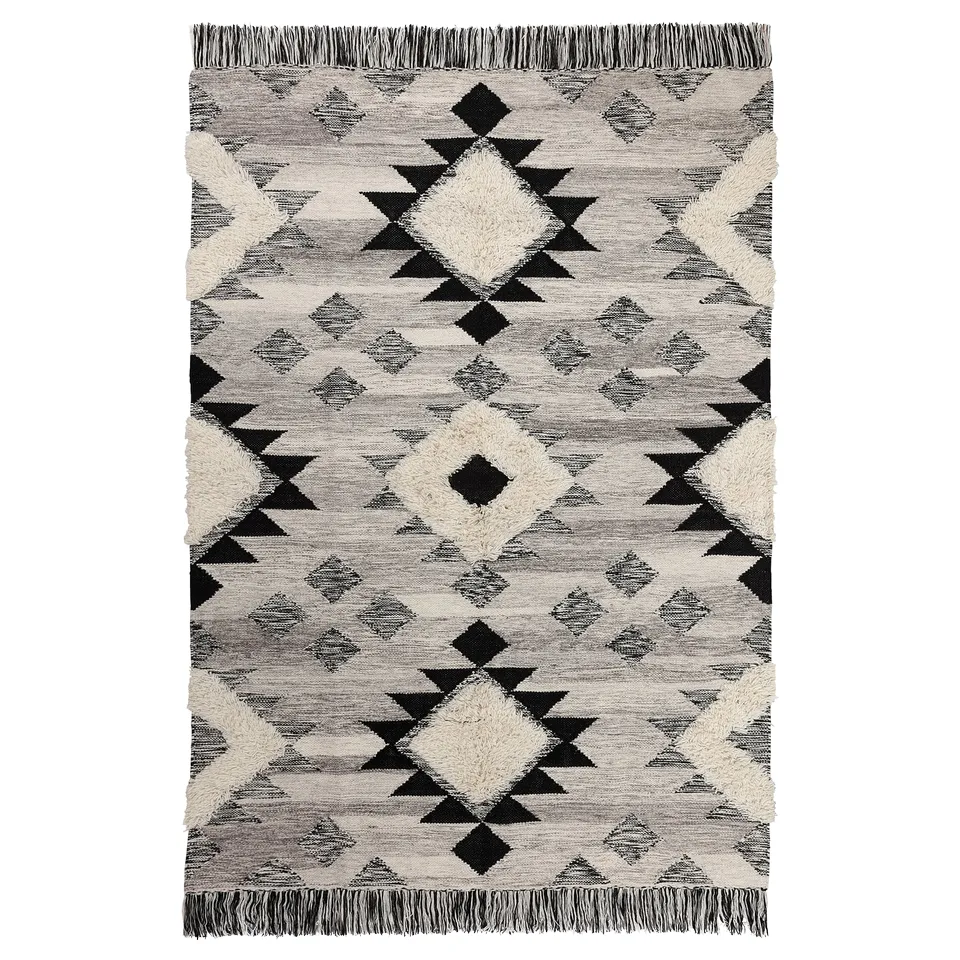 TANNISBY rug, black & white, wool & cotton, geometric designs, long fringes.