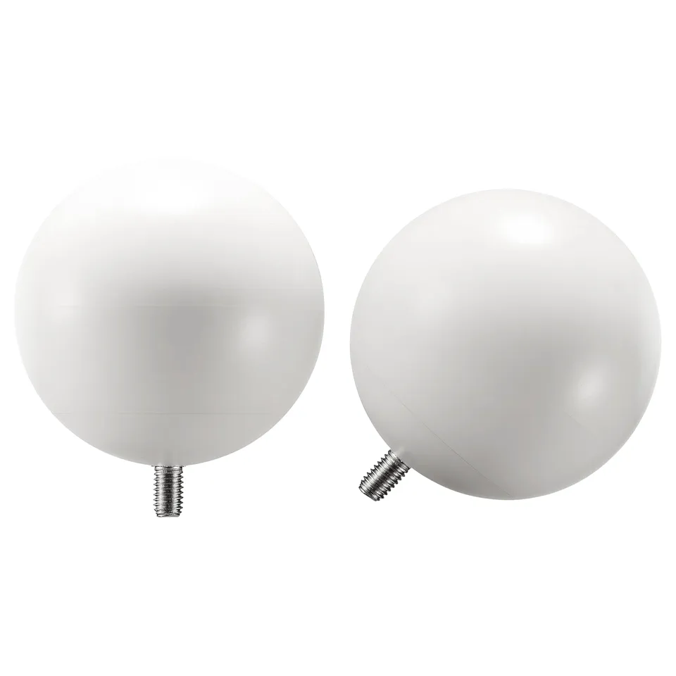 Two white matte spherical finials with silver threaded bases. Modern minimalist design from recycled plastic.