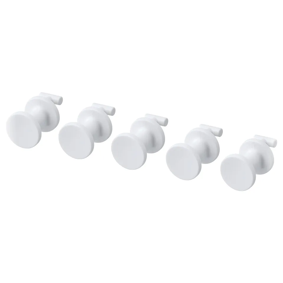 Six white plastic hooks, round bases, and small handles, organised in pairs, ideal for hanging and organising items on a pegboard.