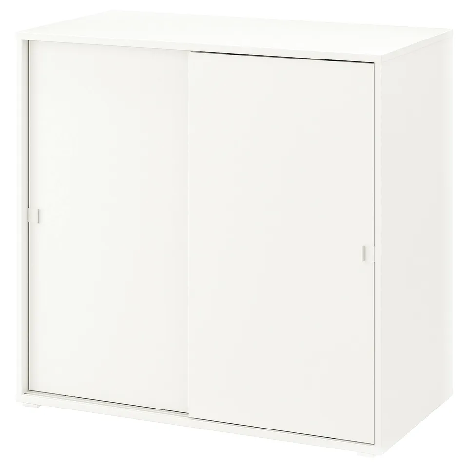 White VIHALS cabinet: sleek, sliding doors, rectangular shape, modern design, storage solution.