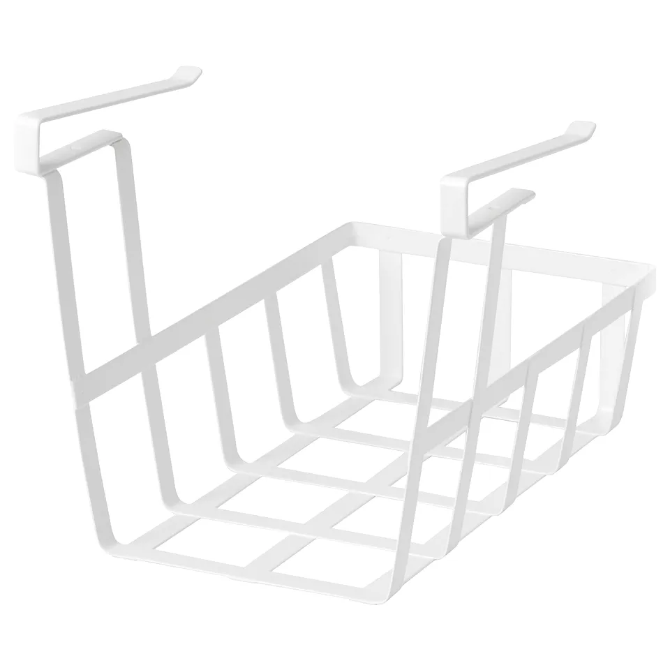 A white PÅLYCKE storage basket with clips for mounting under shelves.