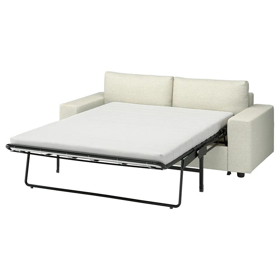 VIMLE sofa-bed, beige, modern design, convertible, metal frame, white cushion.