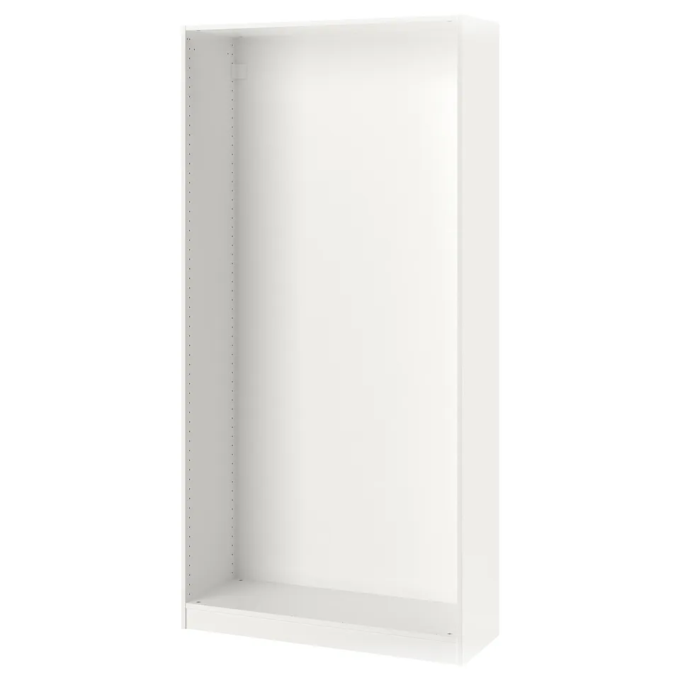 White PAX wardrobe frame, rectangular, minimalist design with adjustable feet.
