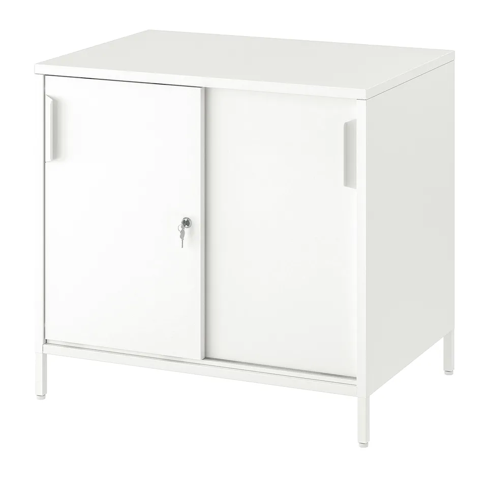 White TROTTEN cabinet, square, two sliding doors, metal, modern design.
