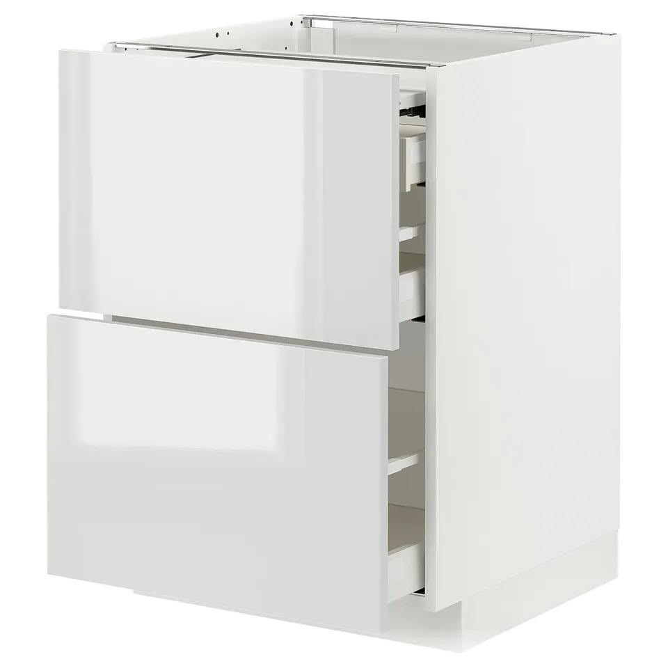 Modern white high-gloss kitchen cabinet with pull-out drawers.