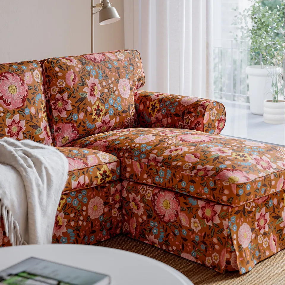 EKTORP 3-seat sofa with chaise longue, Mångbyn brown/multicolour