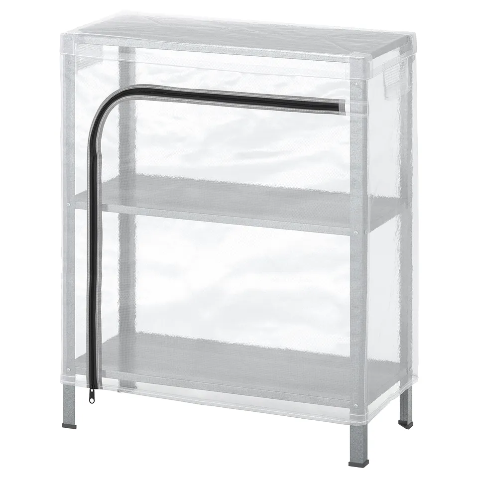 A HYLLIS shelving unit, grey, made of galvanised steel, with three shelves, and a zippered dust cover in clear material.
