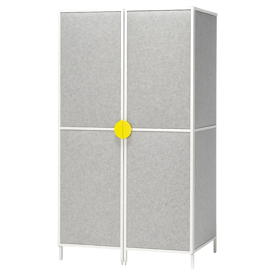 A BRÄNNBOLL grey gaming station with yellow accents, featuring a modern design with multiple compartments for storage.