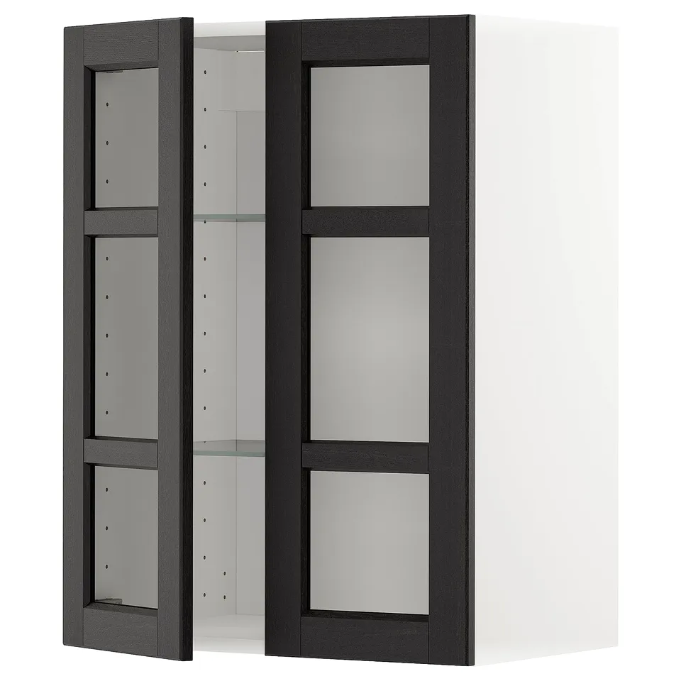 Black stained glass kitchen cabinet with bevelled edges and adjustable shelves. Modern design, part of the METOD kitchen system.