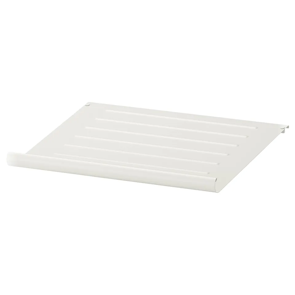 A white KOMPLEMENT metal shoe shelf with a slanted design for easy access and display.
