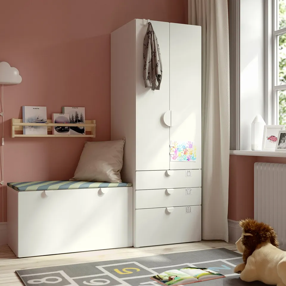 Kids wardrobe & bench w/ cushion, bookshelf, teddy