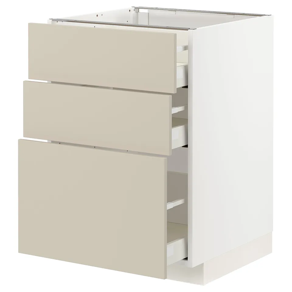 Beige METOD kitchen unit, 3 drawers, smooth finish.