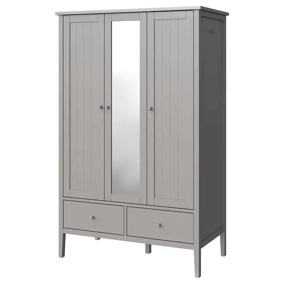 GULLABERG wardrobe: grey, wooden with mirror, 3-door design, modern yet traditional, ample storage.