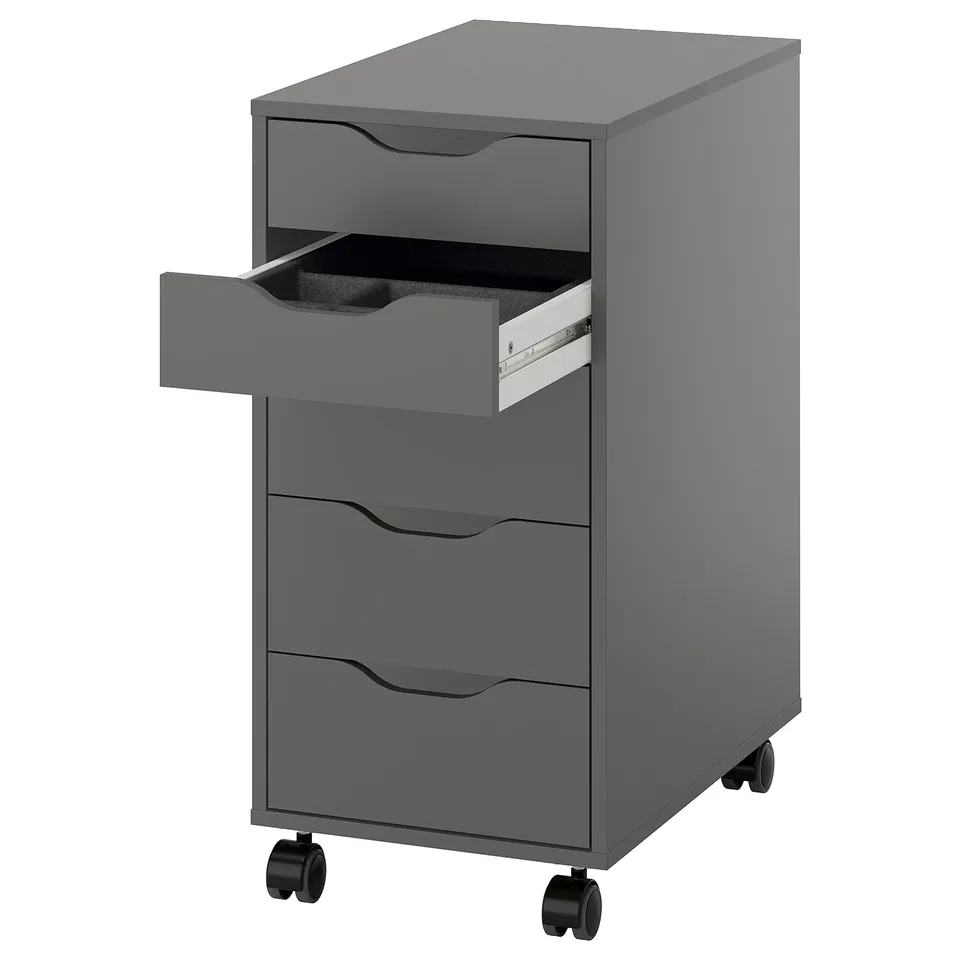 Grey ALEX filing cabinet with three drawers, on wheels, modern design.