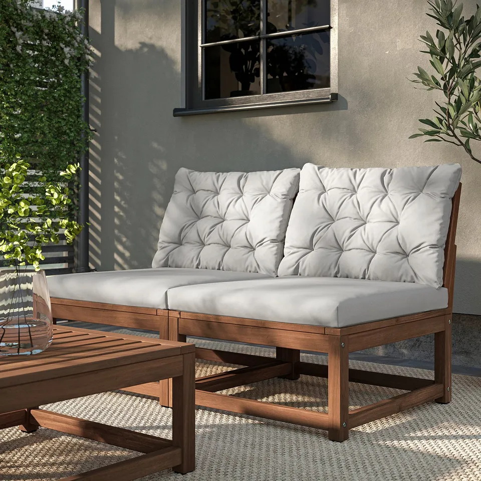 NÄMMARÖ 2-seat sofa, light brown stained outdoor/Kuddarna light grey-beige, 126 cm