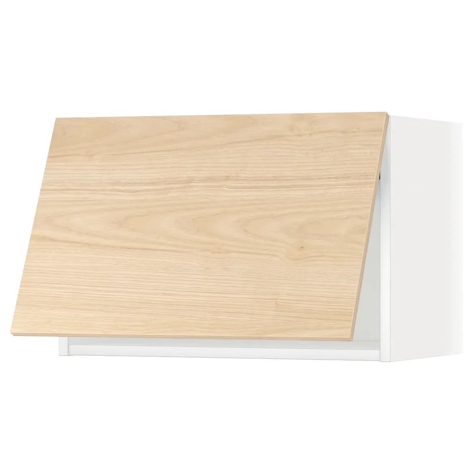 Light wooden top cabinet, minimalist design, white sides, rectangular shape.