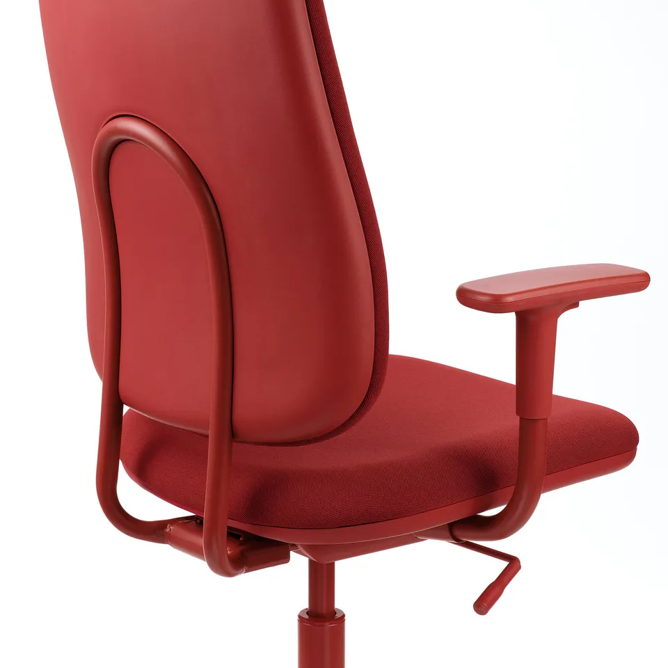 Red modern office chair, high back, adjustable armrests, sturdy design.