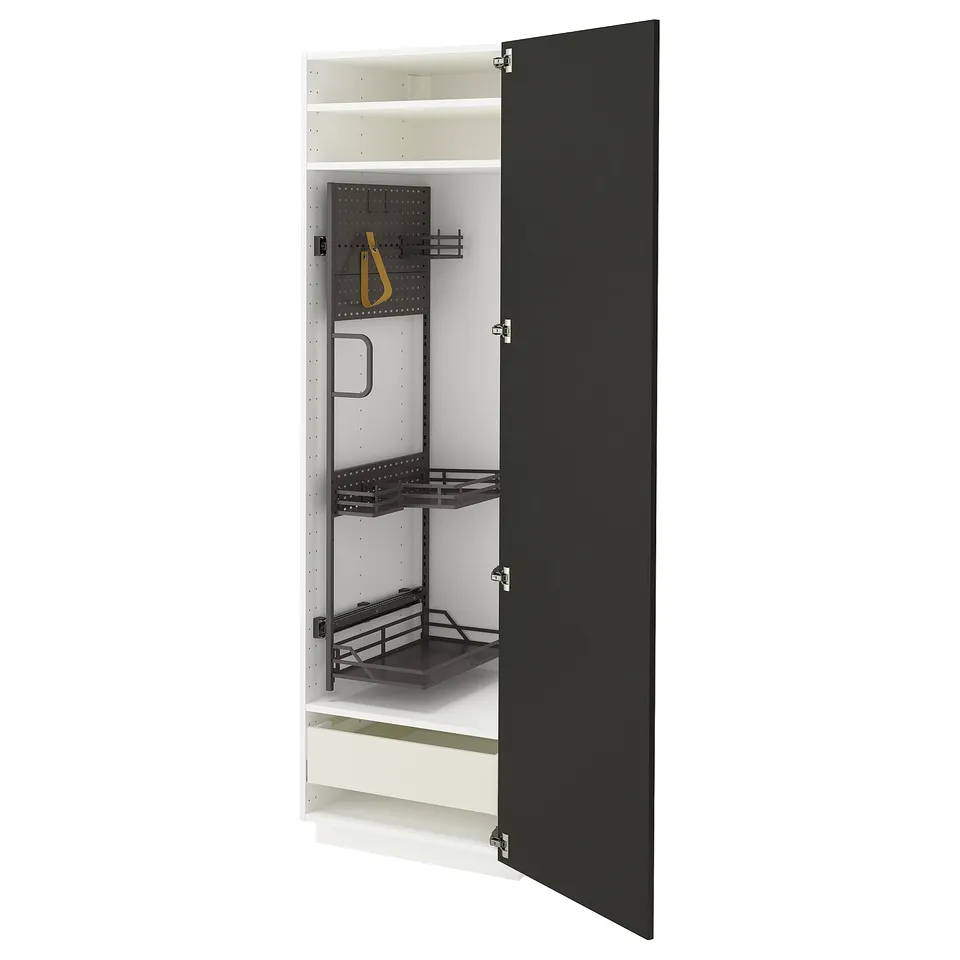 Modern black kitchen cabinet with pull-out organisers, sturdy frame & drawers.