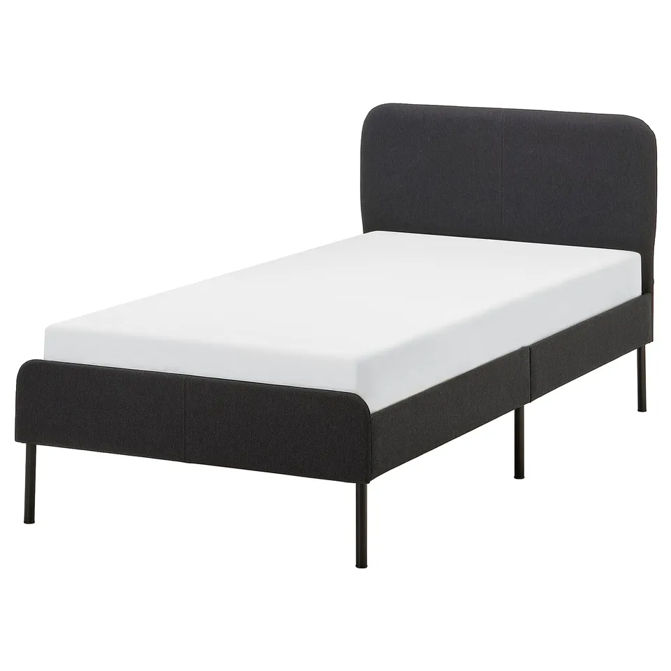 Modern bed: SLATTUM, black, fabric, rectangular, padded headboard, simple design.