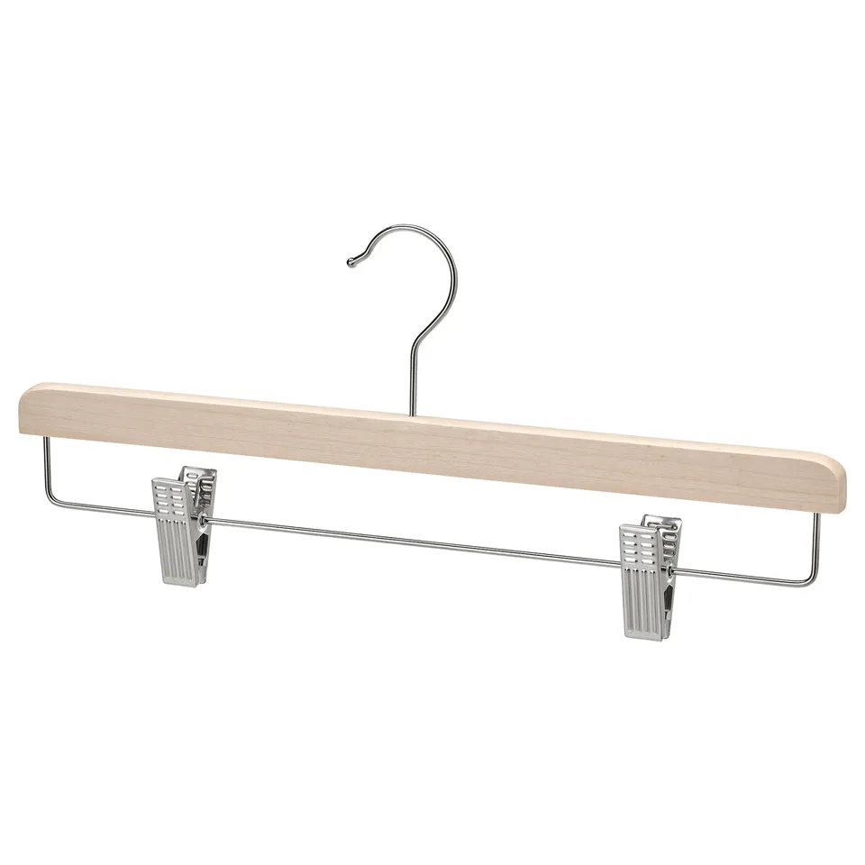 Wooden hanger with chrome clips for skirts/pants, keeps clothes wrinkle-free.
