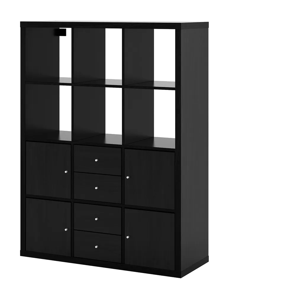 A black KALLAX unit, featuring a combination of shelves and drawers in a modular design.