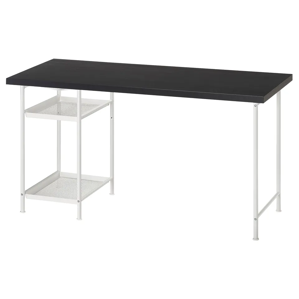 Black tabletop desk with white metal legs and shelves; modern, minimalist design.