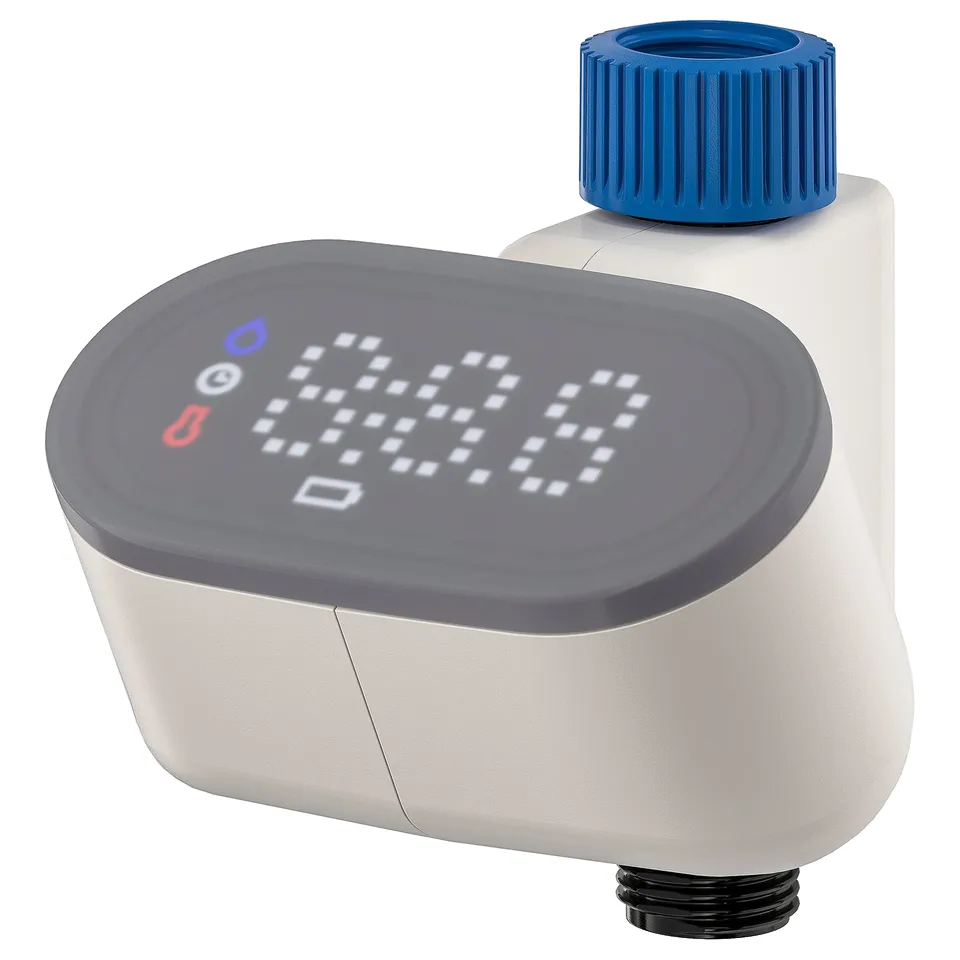 BERGVATTNET water metre, grey, plastic, digital display, blue top, compact design.