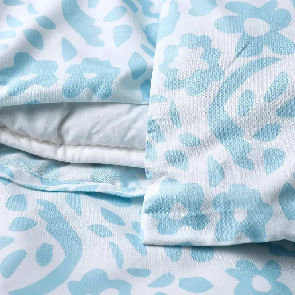 Blue floral bed linens, soft recycled polyester, wrinkle-free, envelope pillowcase.