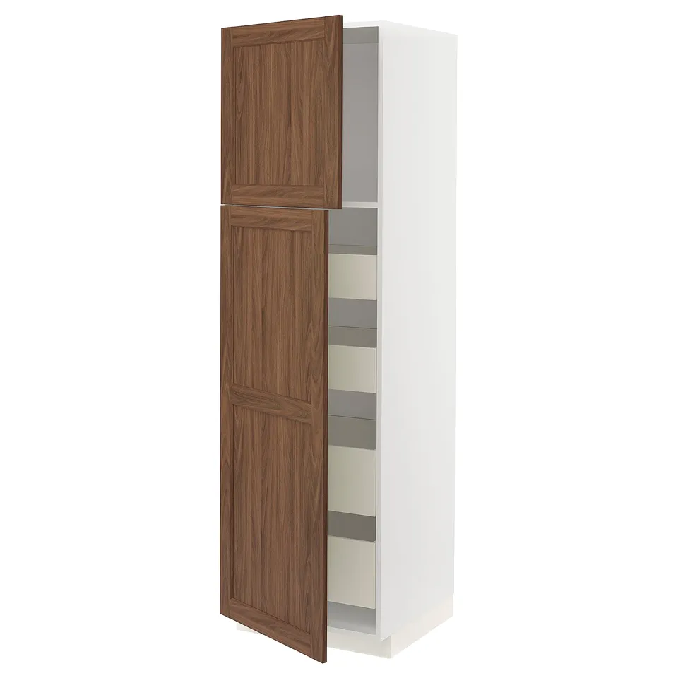 METOD kitchen cabinet in white & walnut, tall & narrow, 2 doors, open showing shelves.