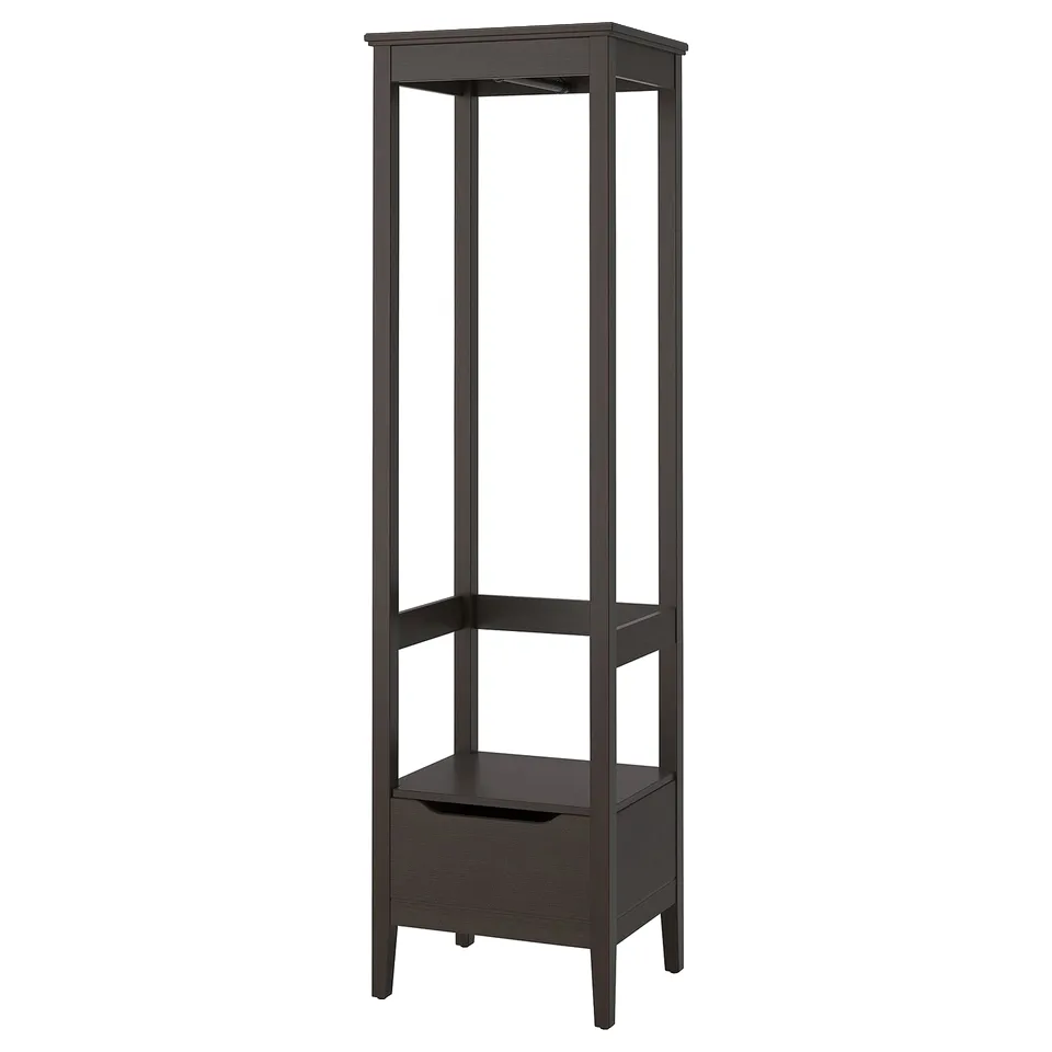 IDANÄS tall storage unit, dark brown, wooden, rectangular, open shelves, single drawer, modern design.