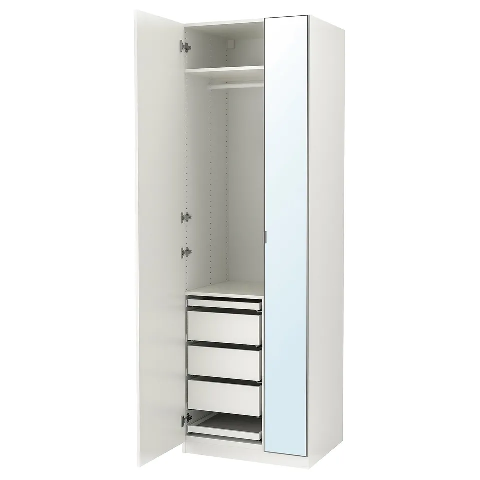 White PAX wardrobe with mirrored doors, slim design, pull-out trays, and drawers.