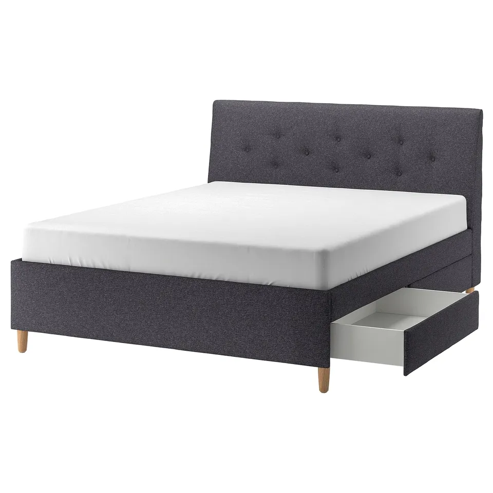 Grey IDANÄS bed with sleek upholstered headboard.