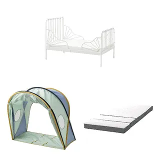 ELDFLUGA/HÄMPLING/MINNEN set: ext bed frame with slatted bed base + bed tent + 3D mattress for extendable bed