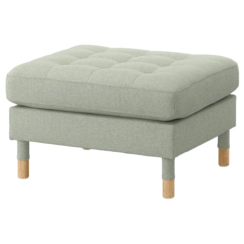 LANDSKRONA light grey footstool, upholstered with recycled polyester, square shape, wooden legs.