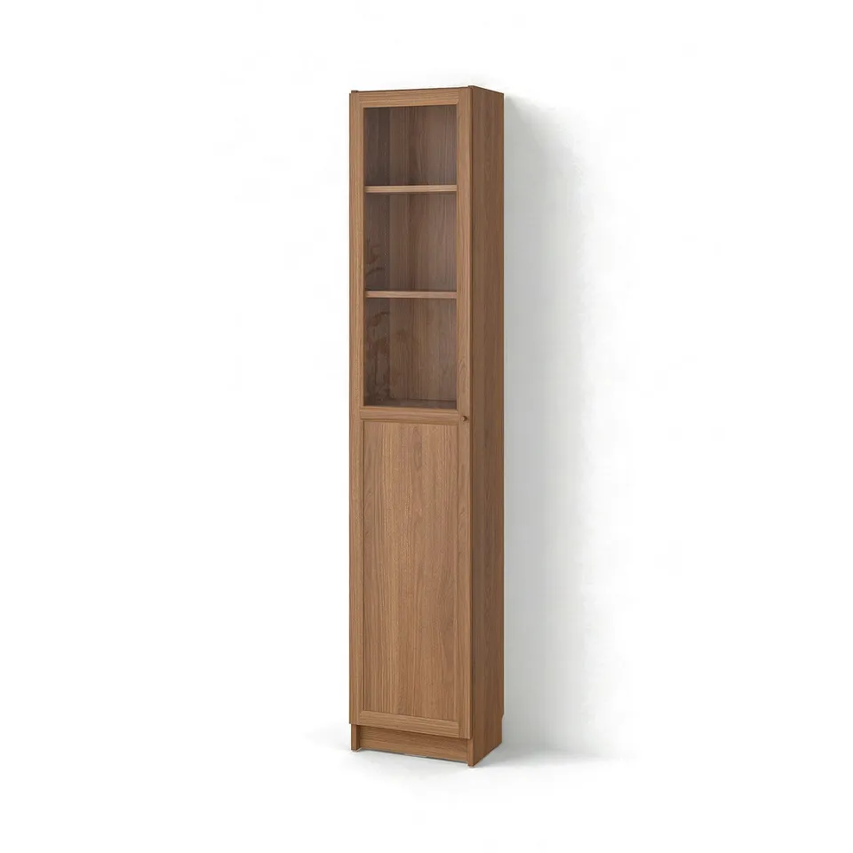 A tall wooden BILLY bookcase in light brown, featuring a single glass door for displaying items and hiding clutter.