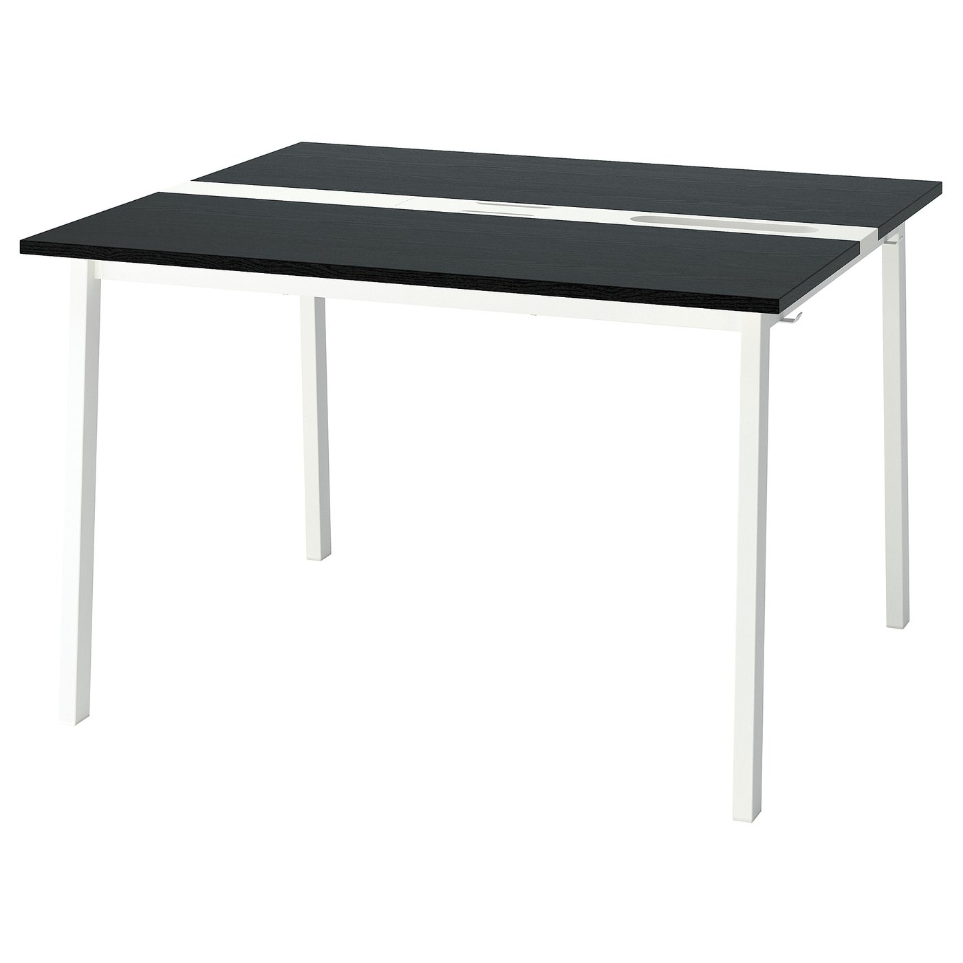 MITTZON table. Black rectangular top, four white metal legs. Stain-resistant surface.