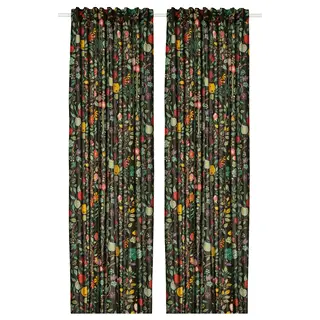 VILDPERSILJA curtains, 1 pair, black-green multicolour/floral pattern with heading tape, 145x300 cm