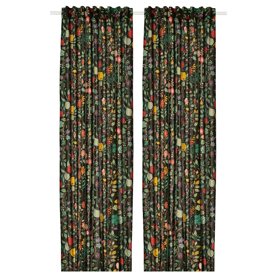 Black and green floral curtains with colourful flowers, made of cotton and ramie.