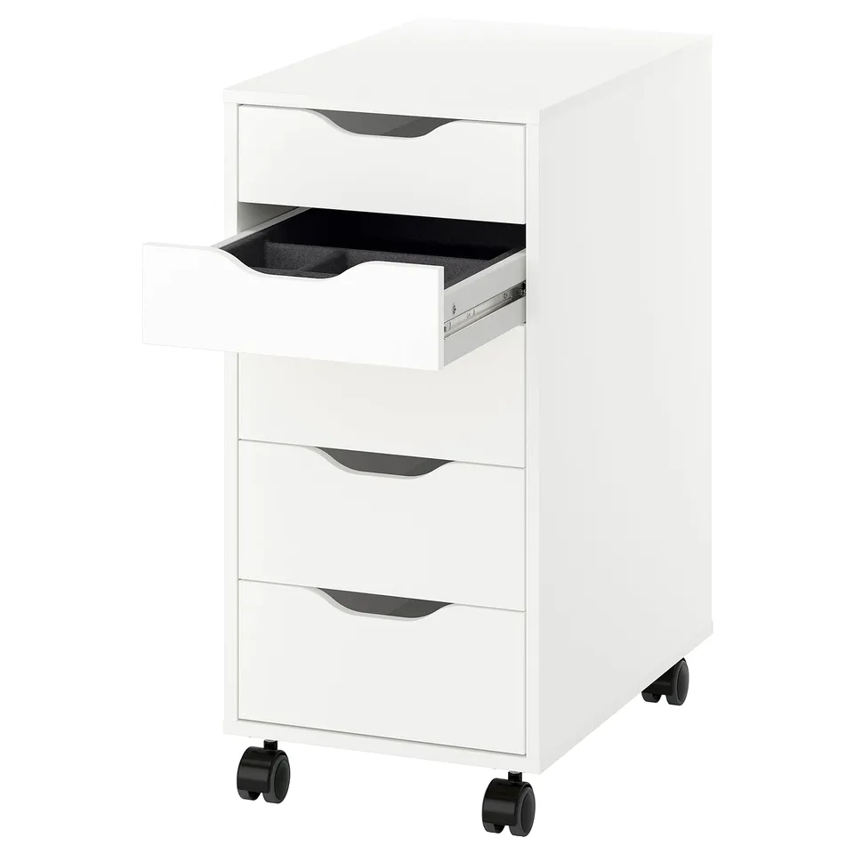 White ALEX rolling file cabinet with three drawers. Modern design with black handles and wheels for mobility.