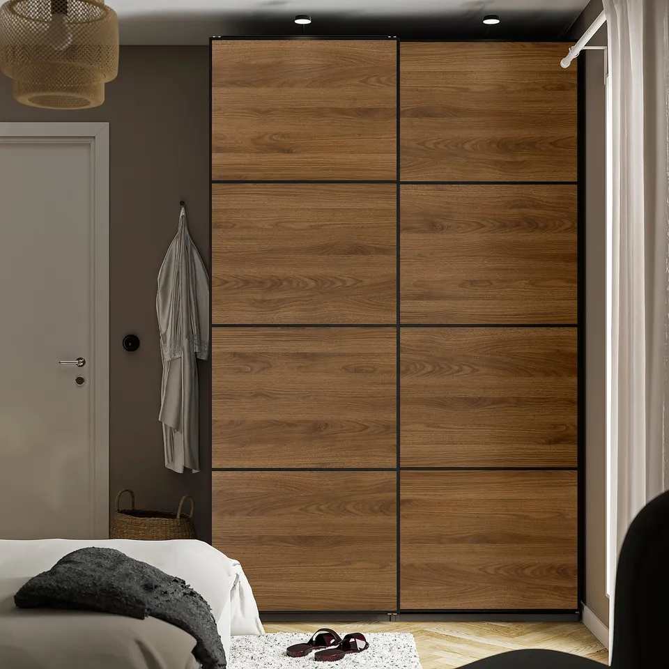 MEHAMN Pair of sliding doors, black/double sided walnut, 150x236 cm