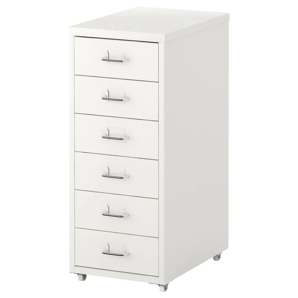 White filing cabinet, 5 drawers, mobile with casters.