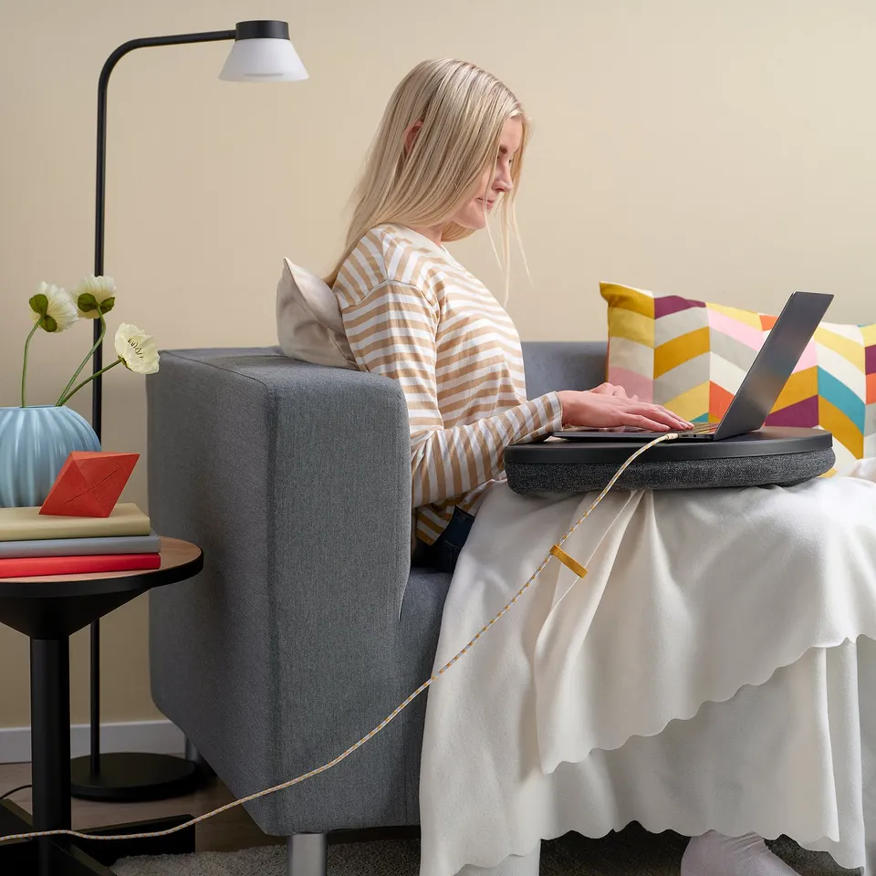 Person works on laptop on couch with books, flowers, and lamp.