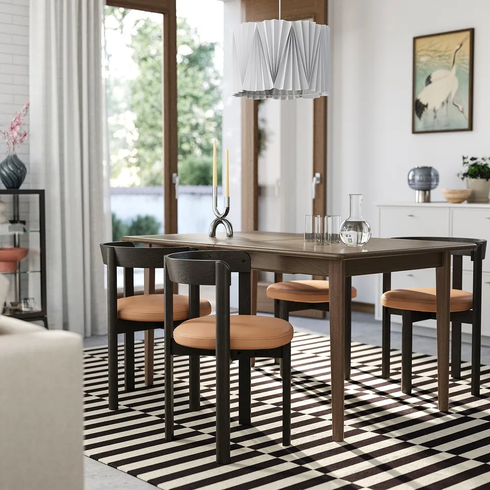 SKANSNÄS / STOCKHOLM 2025 Table and 4 chairs, brown beech/dark brown leather, 150/205 cm