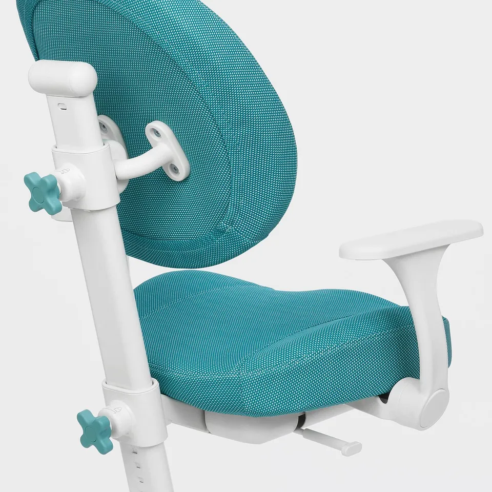 Adjustable office chair with teal cushions, white frame, and armrests, showcasing robust design and comfort.