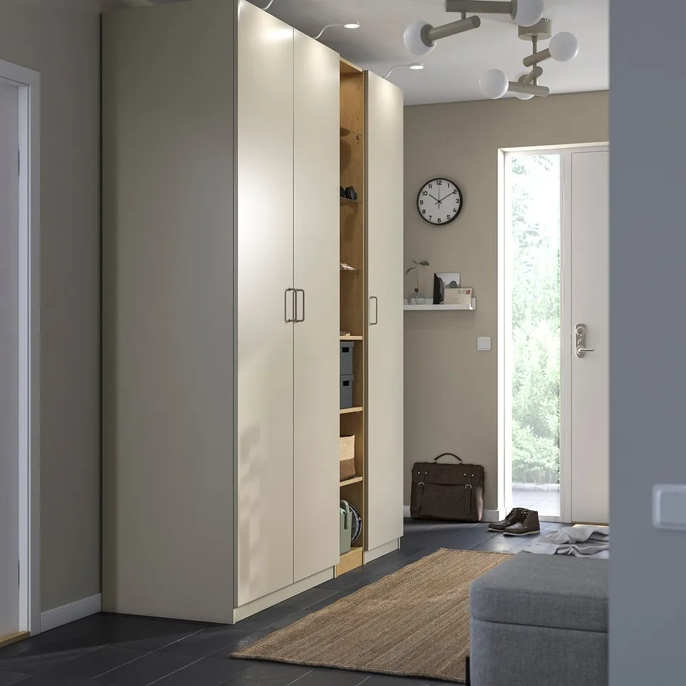 PAX / FORSAND Wardrobe combination, grey-beige grey-beige/oak effect, 185x60x236 cm