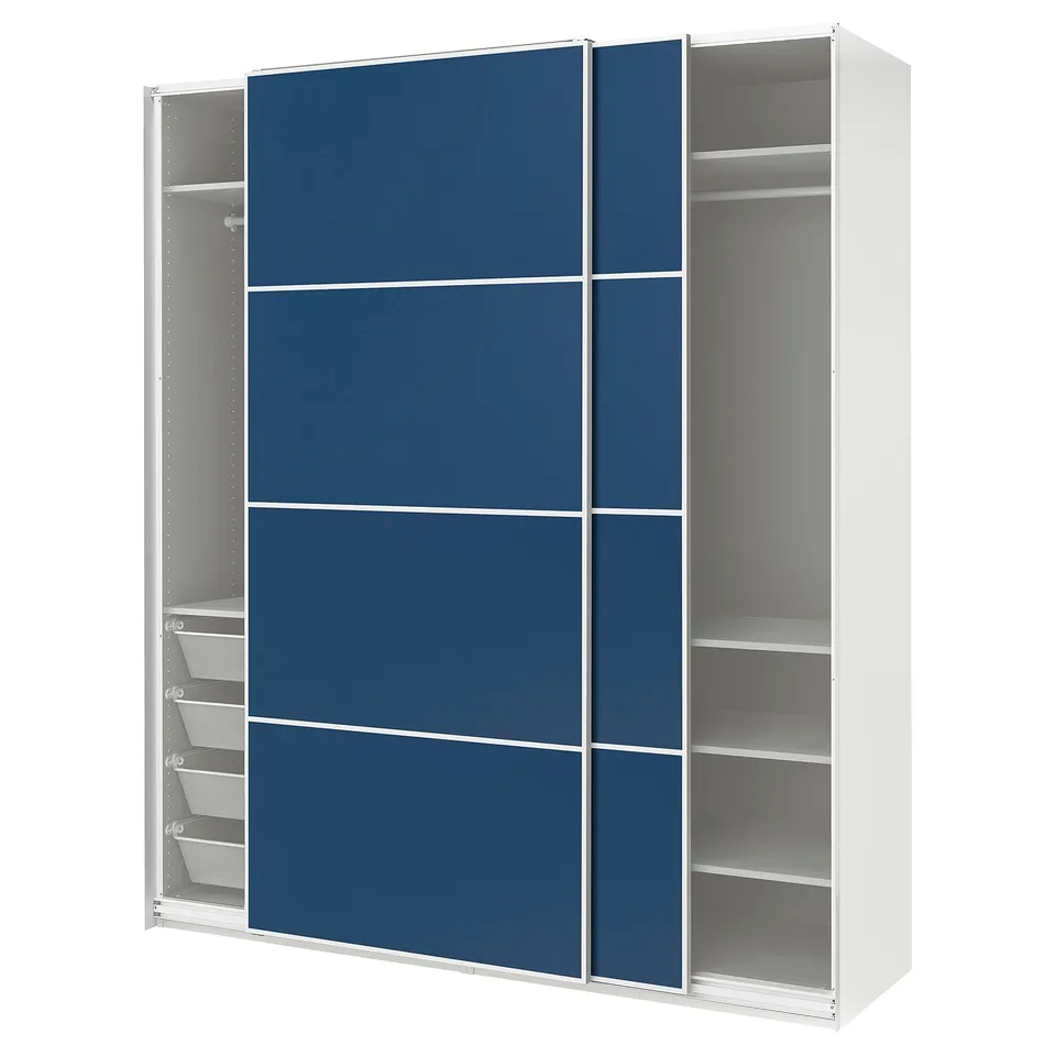 Modern white and blue wardrobe with sliding doors and shelves.